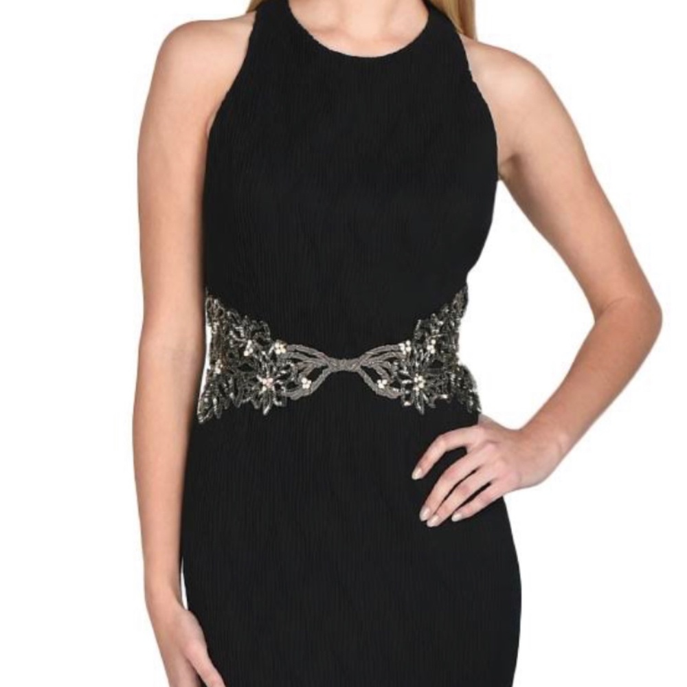 Stunning Badgely Mishka black Grecian style embroidered evening gown. Size 14.